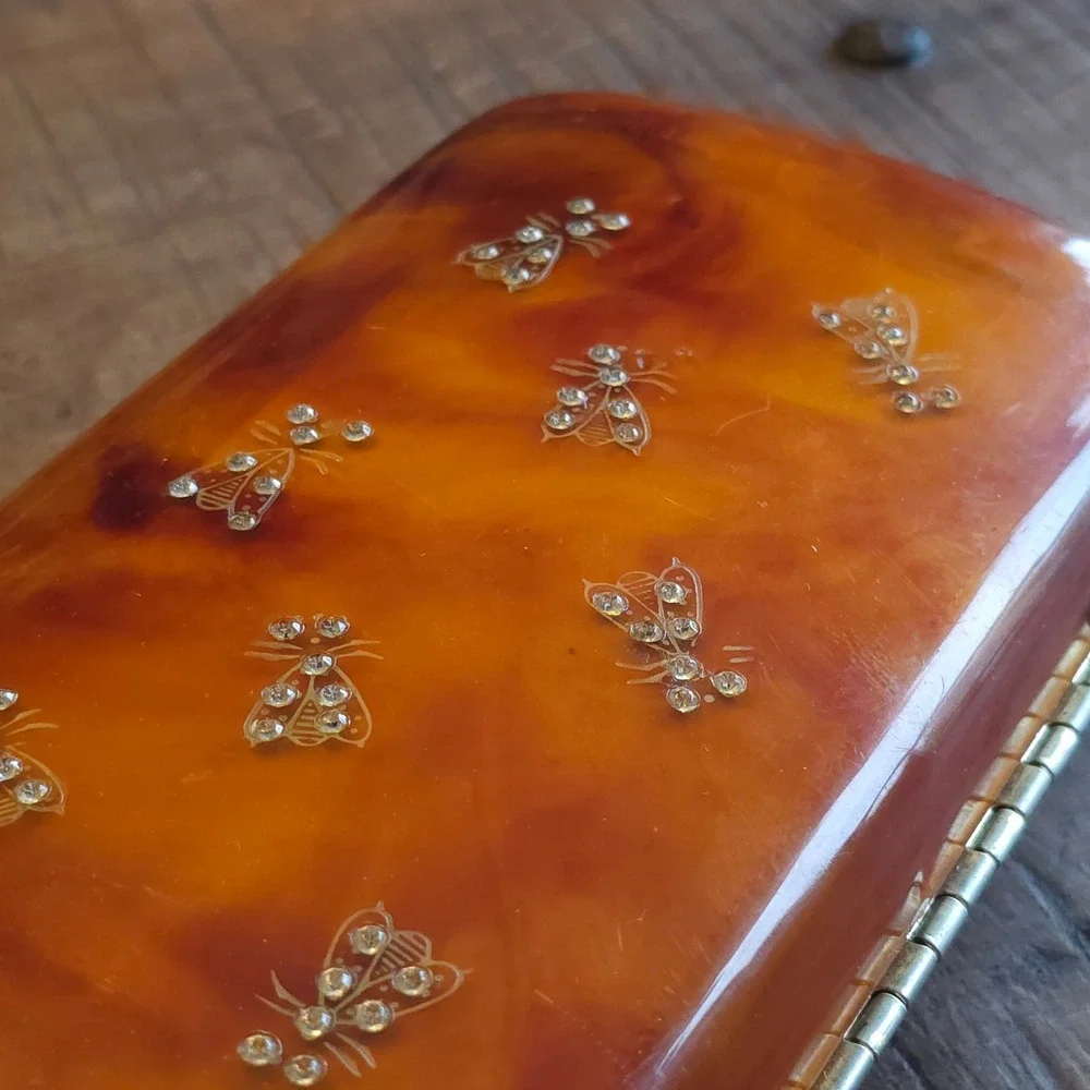 Vintage Ilene New York Faux Tortoise Shell Bee Rhinestone Lucite Clutch Bag 1950